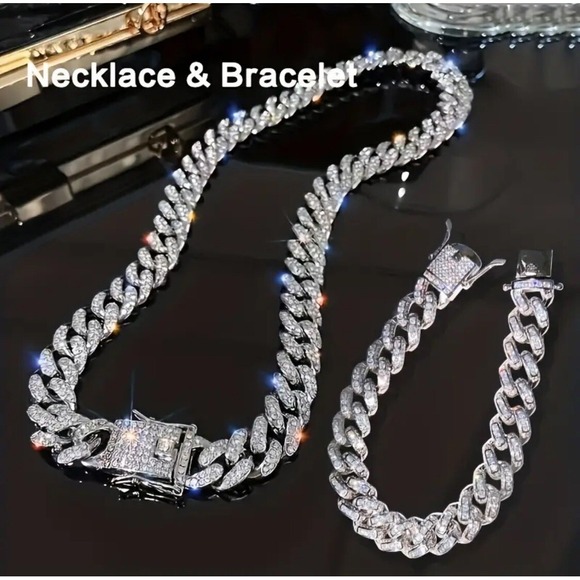 The Unbranded Brand Jewelry - 2pcs Necklace 24" Plus Bracelet 8" Hip Hop Style Jewelry Set Trendy Cuban Chain